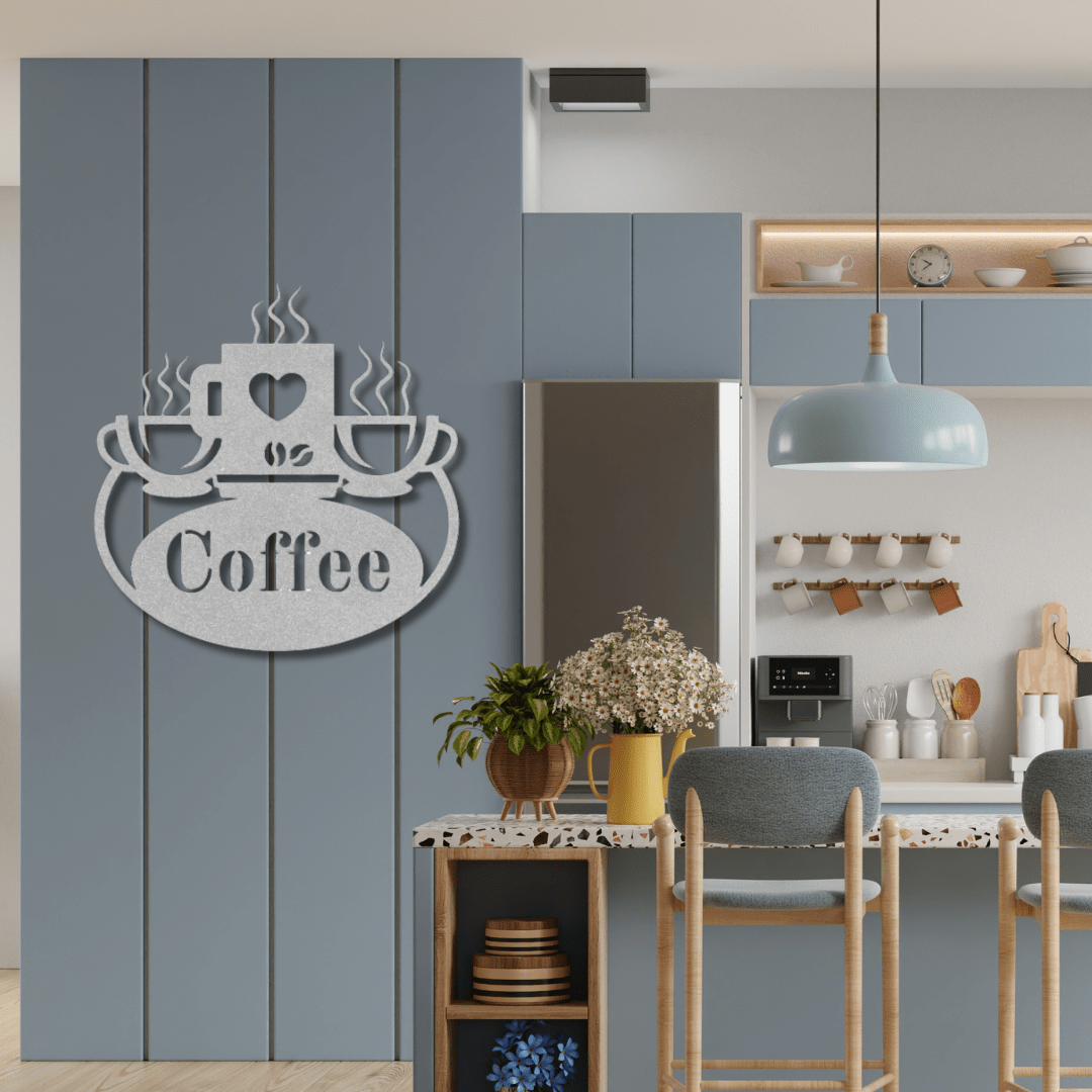 Wall Art Silver / 12 Inch Coffee Kitchen Decor with Three Cups of Coffee