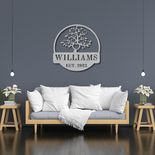 Wall Art Silver / 12 Inch Custom Name Family Tree with Hearts