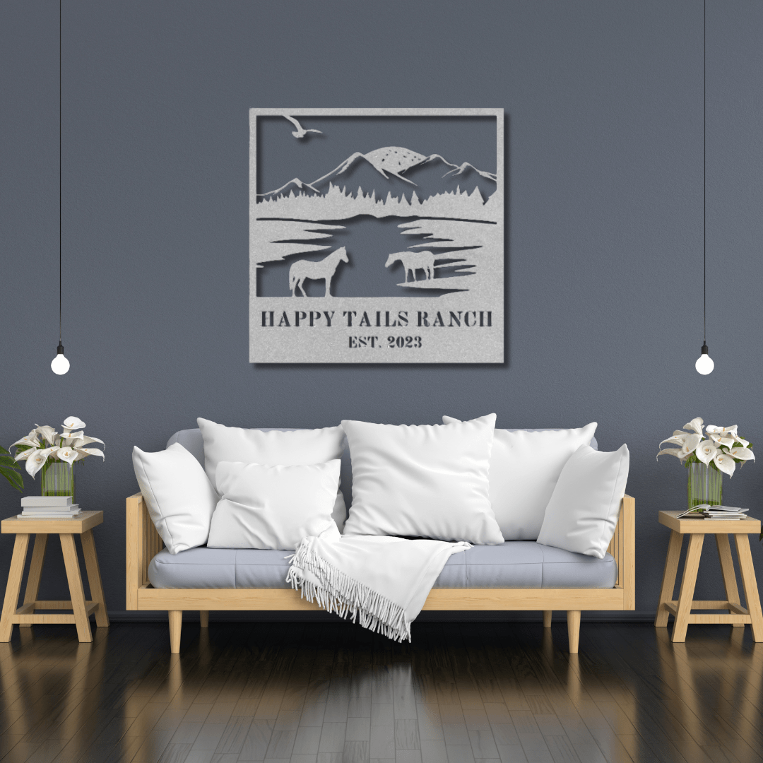 Wall Art Silver / 12 Inch Custom Name Mountains and Horses