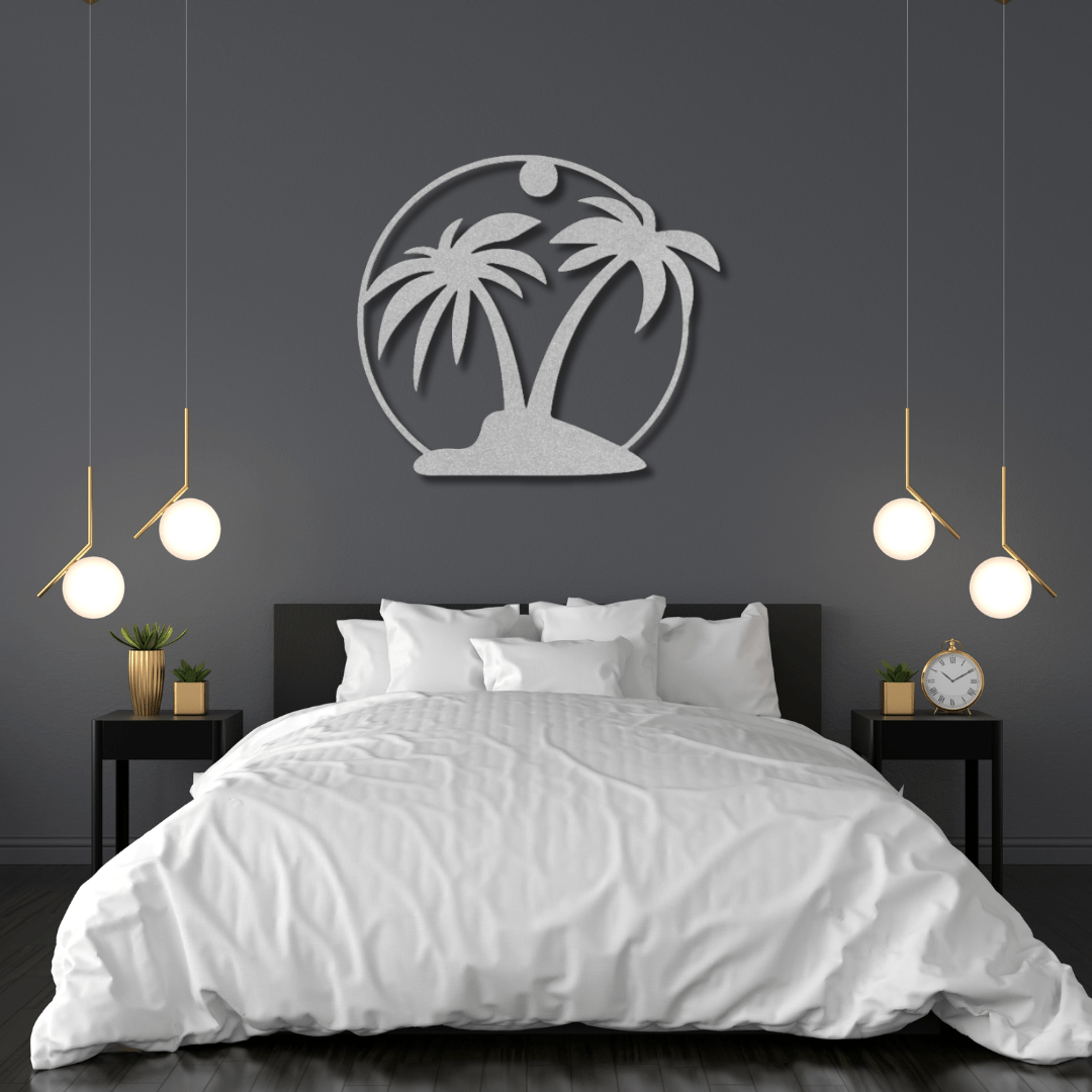 Wall Art Silver / 12 Inch Palm Tree Wall Art in a Circular Frame