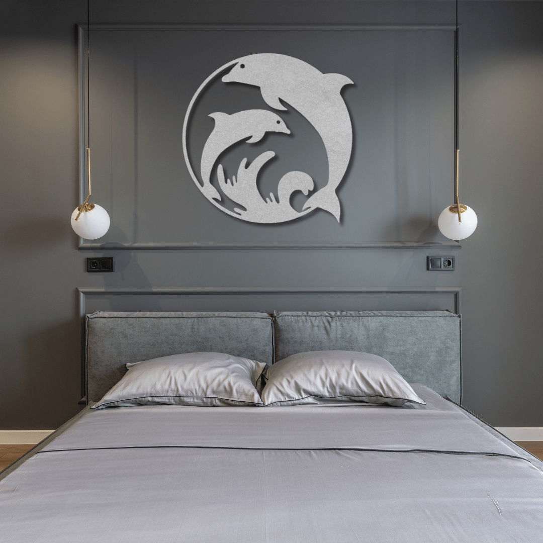 Wall Art Silver / 12 Inch Two Playful Dolphins in a Circular Frame Wall Art