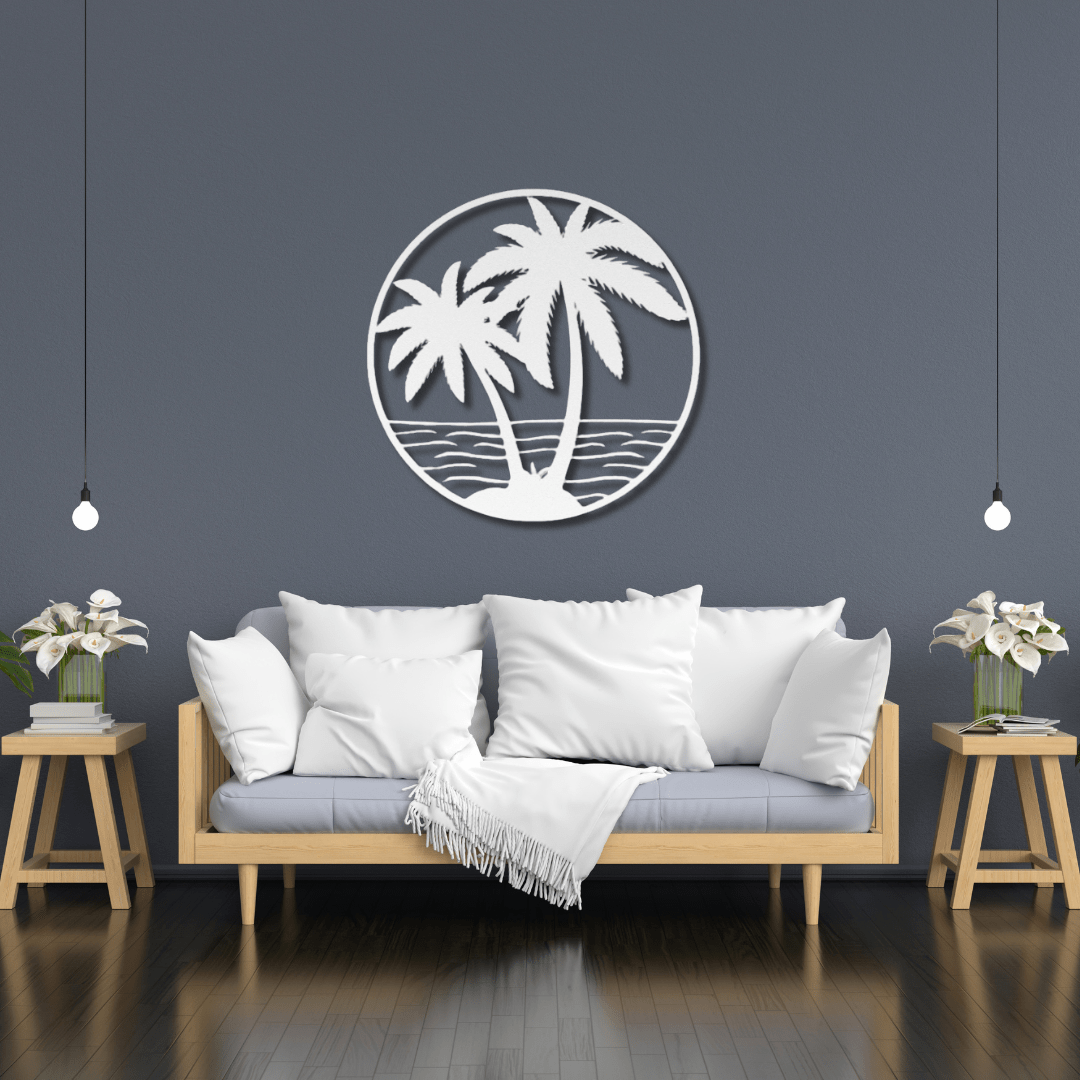 Wall Art White / 12 Inch Beach Scene with Palm Tree Wall Art