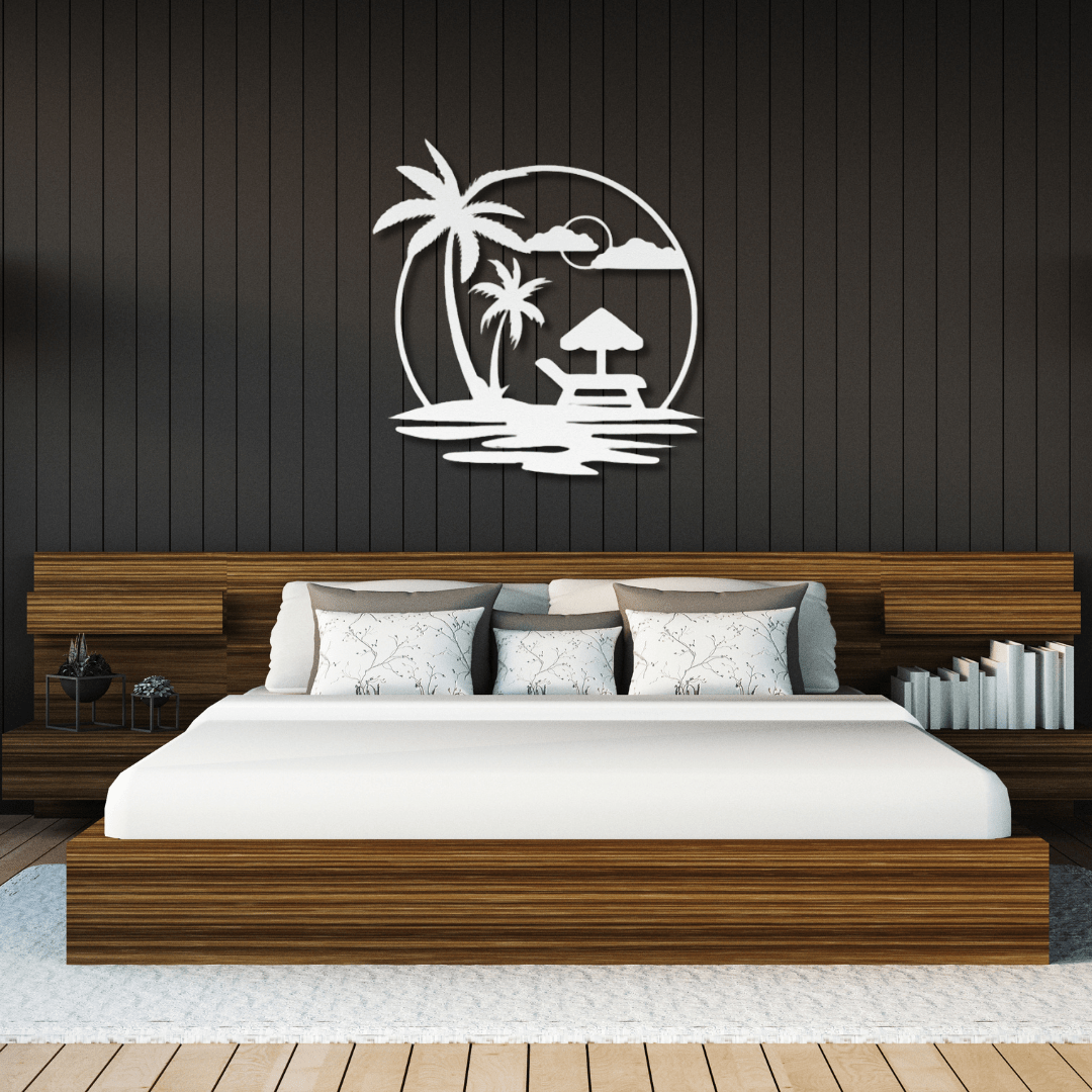 Wall Art White / 12 Inch Beach Scene with Palm Trees in a Circular Frame