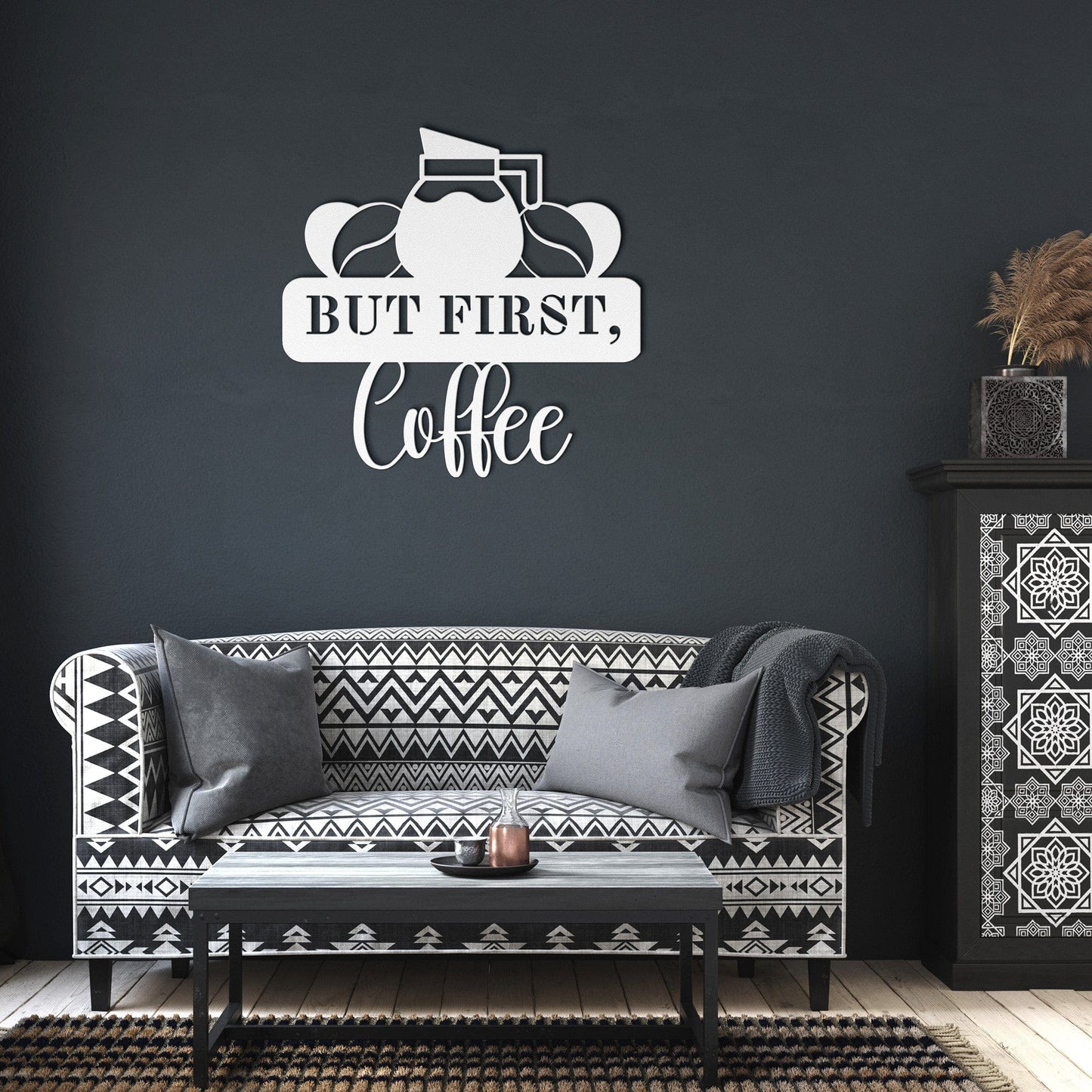 Wall Art White / 12 Inch But First, Coffee Wall Art with Coffee Cup and Beans