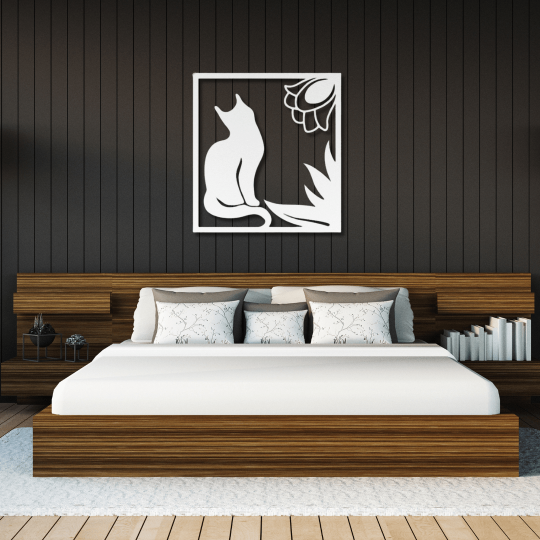 Wall Art White / 12 Inch Cat and Flower in a Rectangle Frame