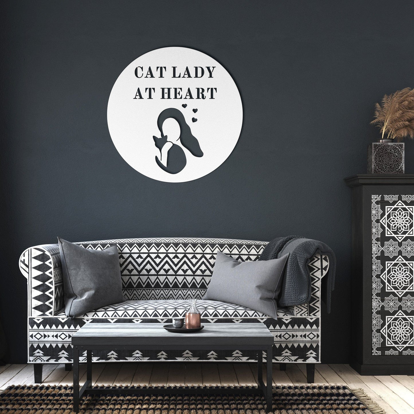 Wall Art White / 12 Inch Cat Lady At Heart with Lady and Cat