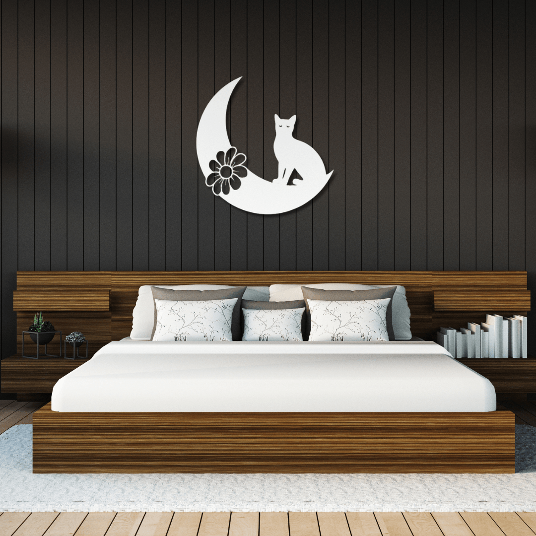 Wall Art White / 12 Inch Cat on Crescent Moon with Flower