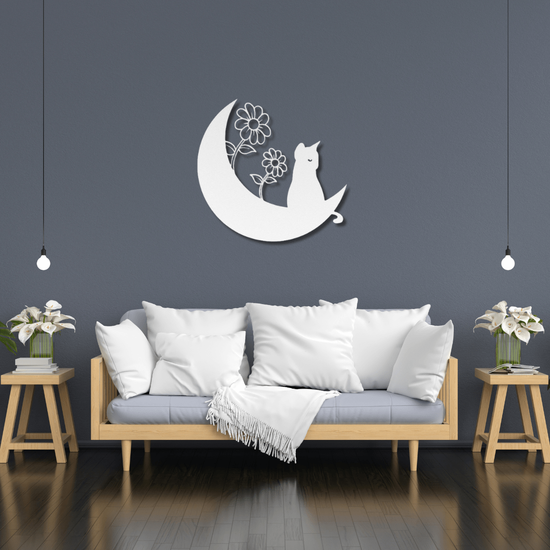 Wall Art White / 12 Inch Cat on Crescent Moon with Two Flowers