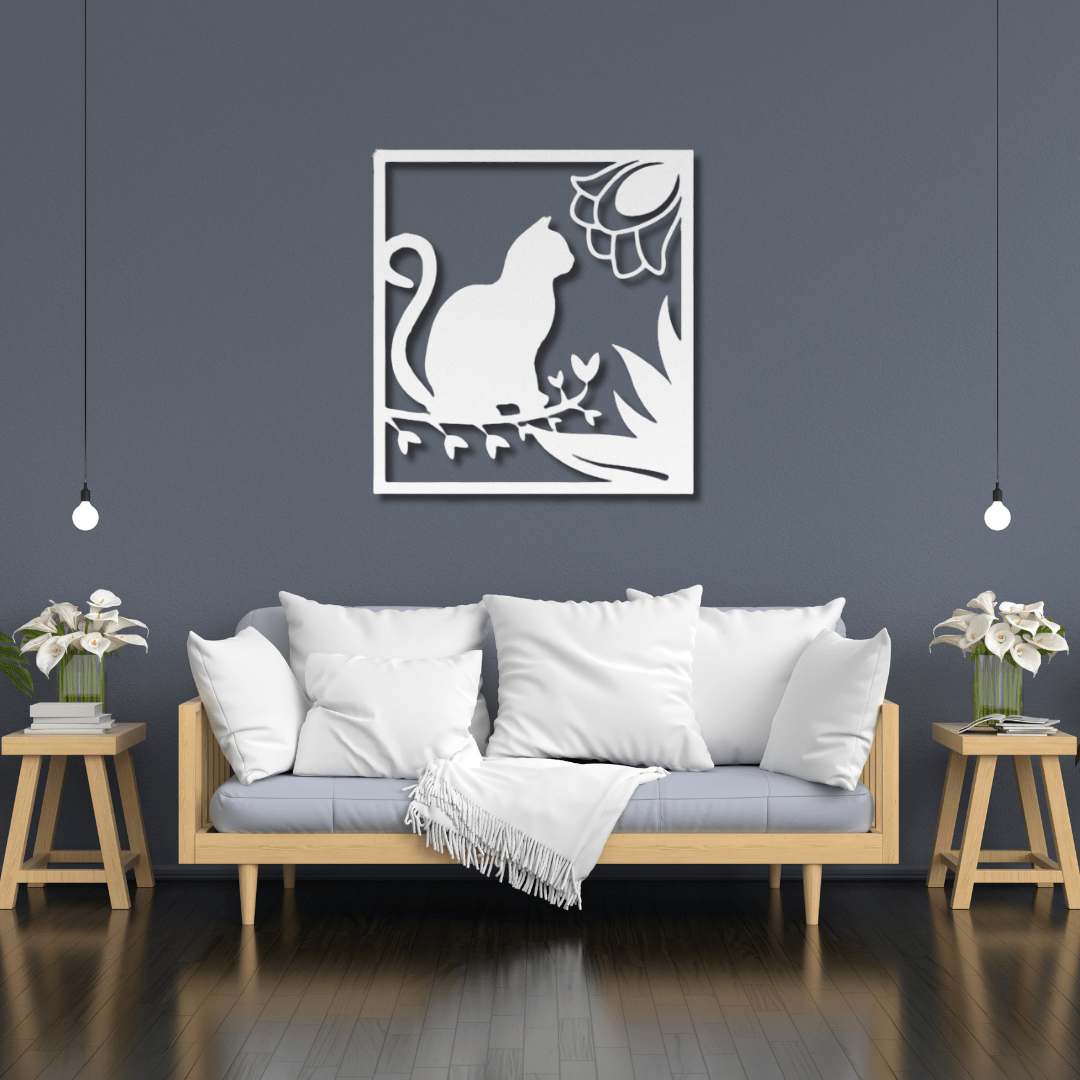 Wall Art White / 12 Inch Cat Sitting on a Branch in a Rectangle Frame