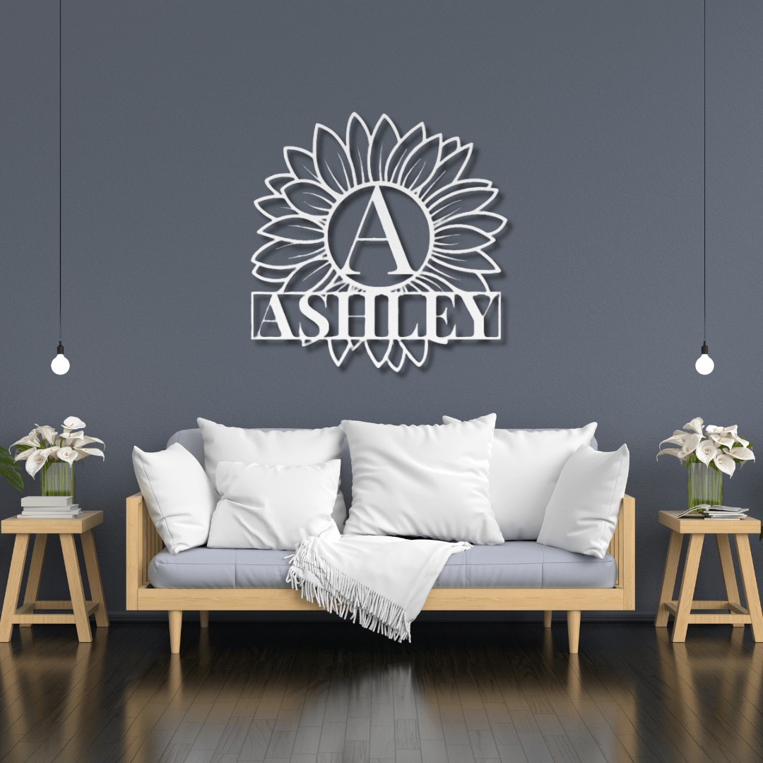 Wall Art White / 12 Inch Custom Sunflower Monogram and Name Sign