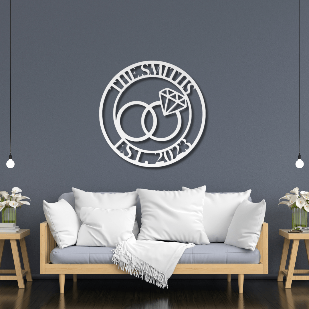 Wall Art White / 12 Inch Custom Wedding Ring Name Sign with Established Date