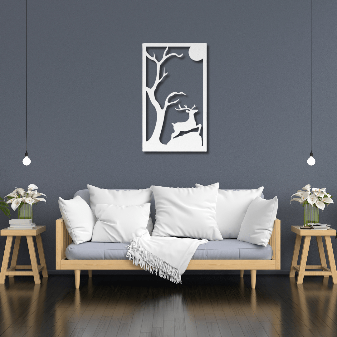 Wall Art White / 12 Inch Deer Running Wall Art in Rectangle Frame