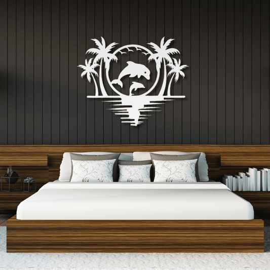 Wall Art White / 12 Inch Dolphin and Palm Tree Scenic Wall Art