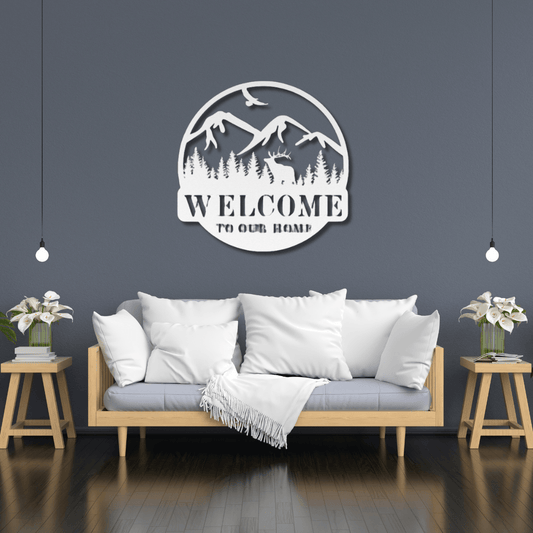 Wall Art White / 12 Inch Elk and Mountains Welcome Sign