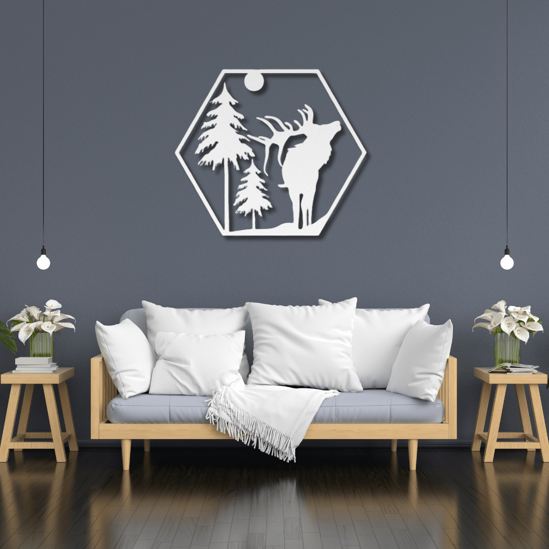 Wall Art White / 12 Inch Elk Scene in a Hexagon Frame