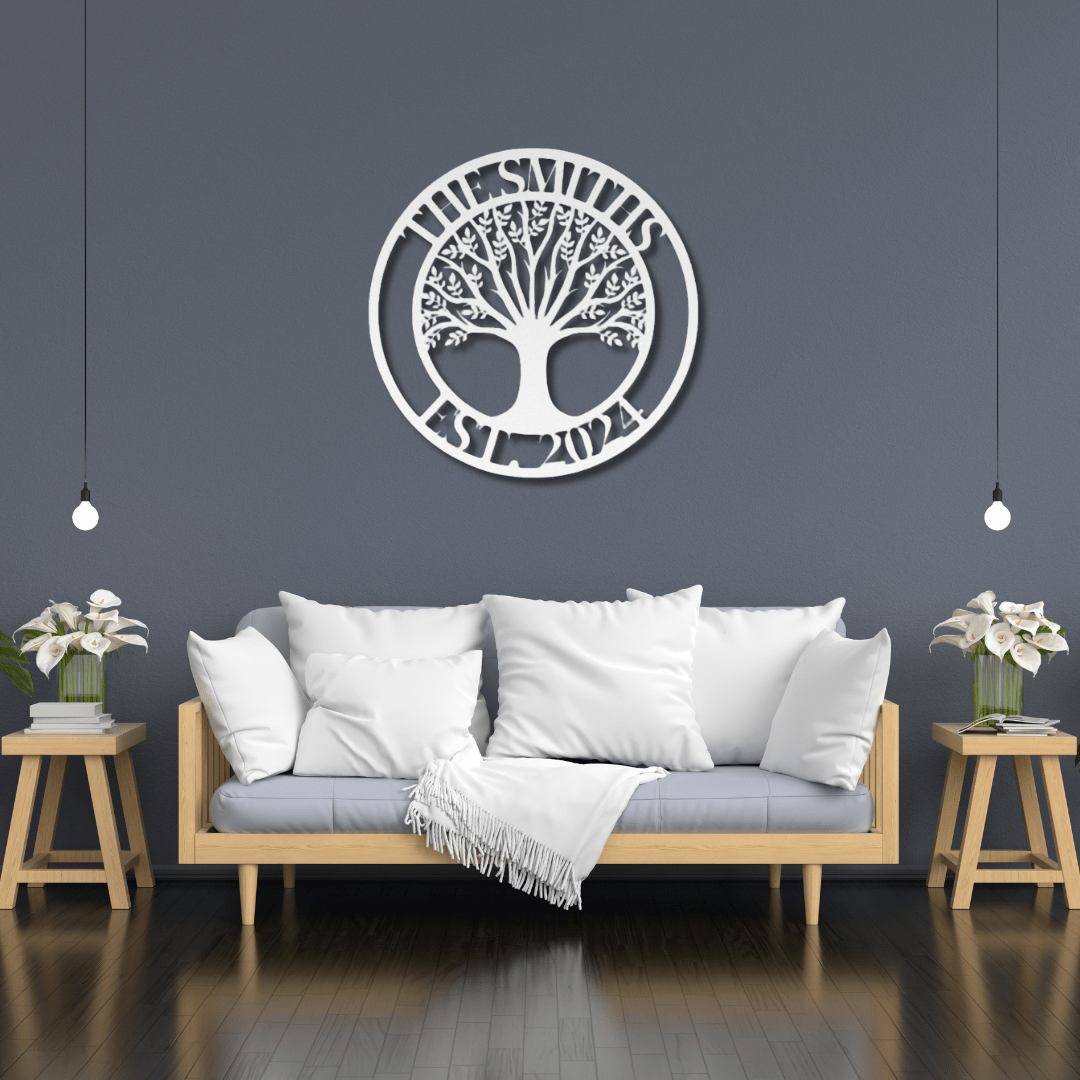 Wall Art White / 12 Inch Family Tree Custom Name Sign with Est. Date