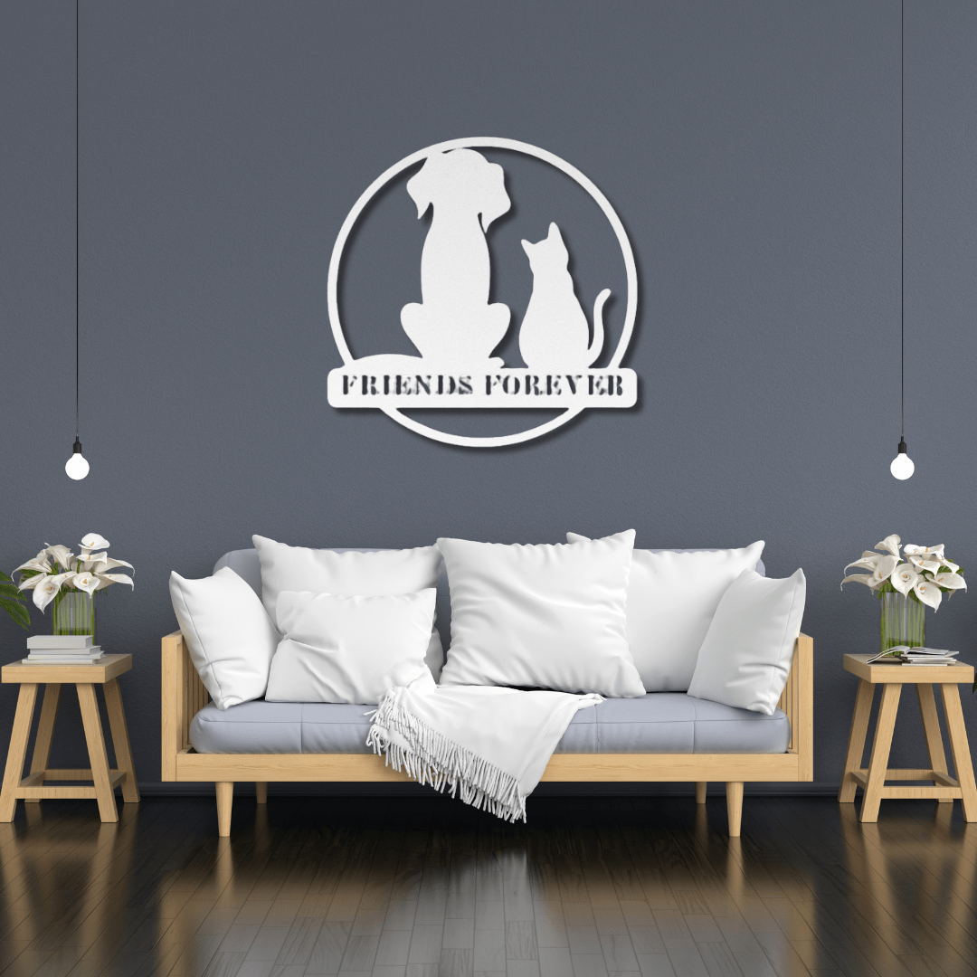 Wall Art White / 12 Inch Friends Forever Cat and Dog Wall Art with Circle Frame