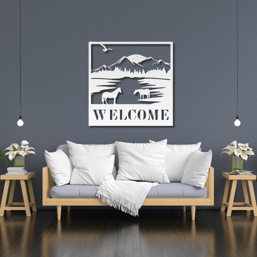 Wall Art White / 12 Inch Horse and Mountains Welcome Sign