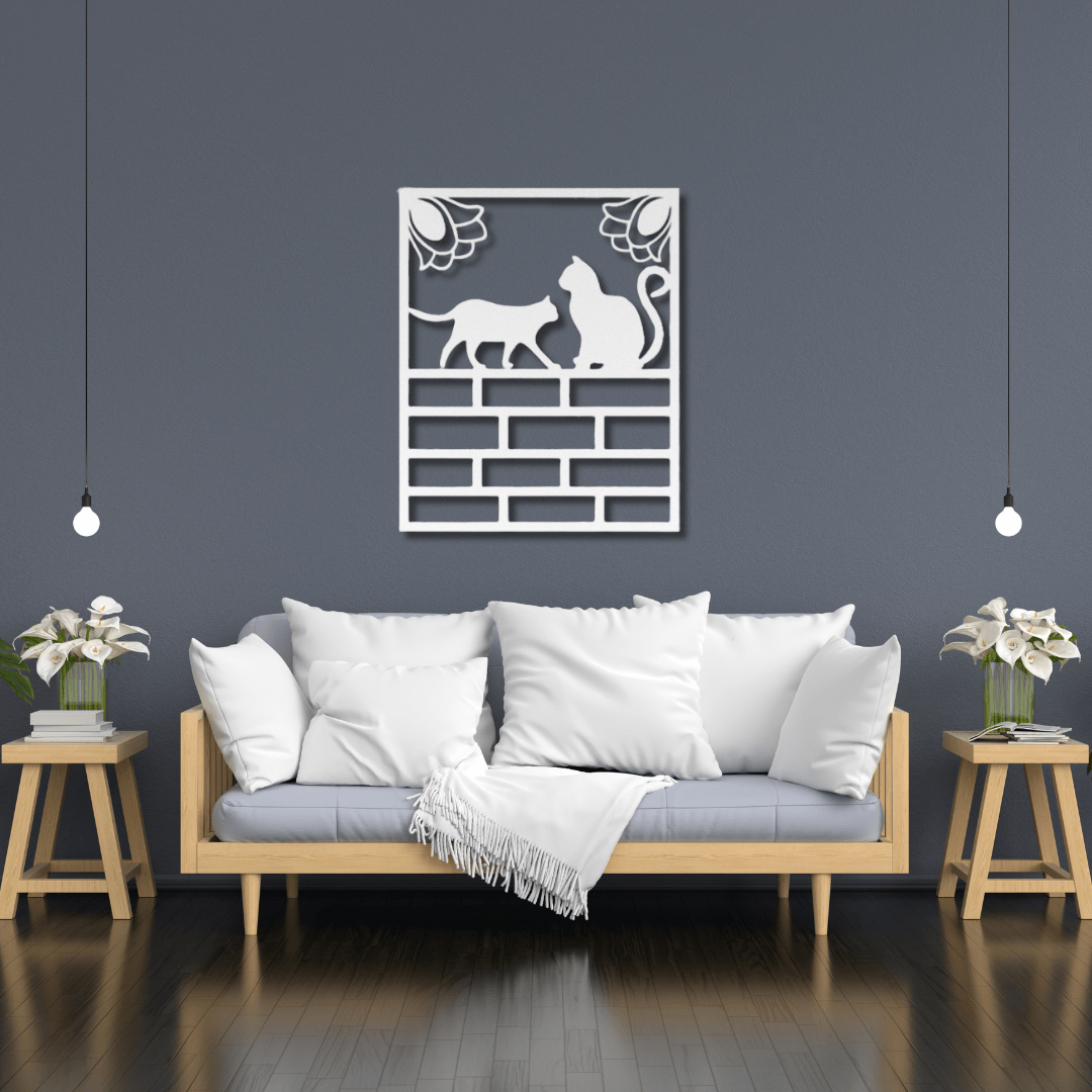 Wall Art White / 12 Inch Two Cats Hanging Out on Top of a Brick Wall