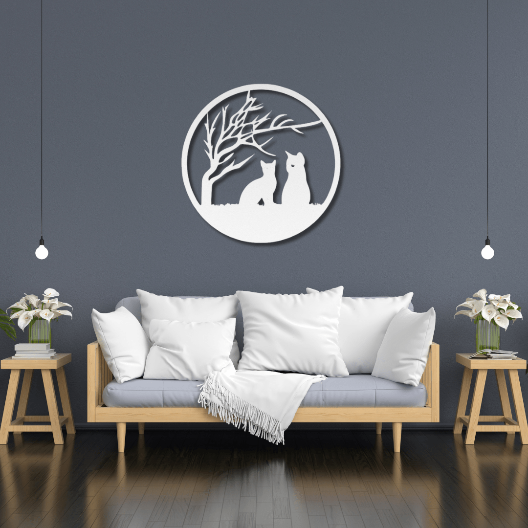 Wall Art White / 12 Inch Two Cats Outside Under a Tree in a Round Frame