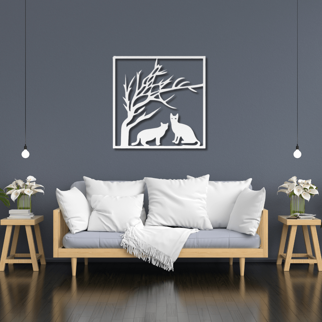 Wall Art White / 12 Inch Two Cats Outside Under a Tree in a Square Frame