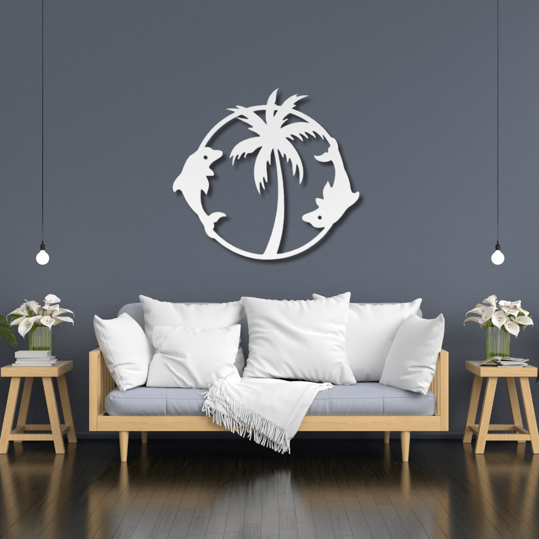 Wall Art White / 12 Inch Two Dolphin Circular Frame with Palm Tree