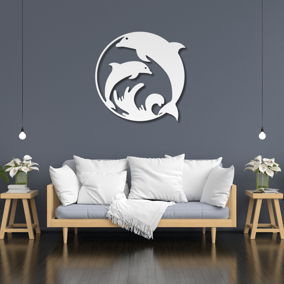 Wall Art White / 12 Inch Two Playful Dolphins in a Circular Frame Wall Art