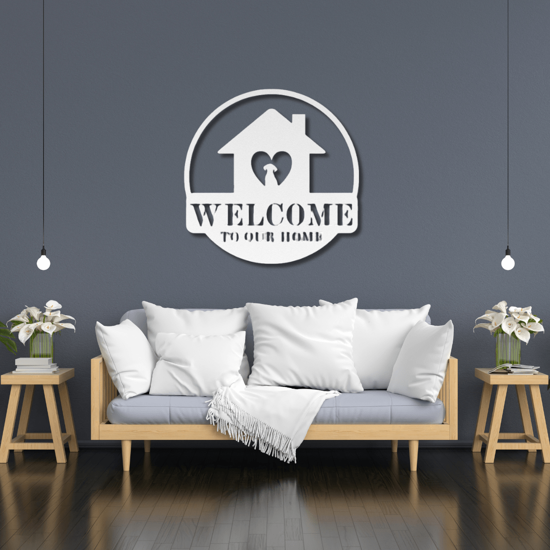 Wall Art White / 12 Inch Welcome to Our Home Sign with Dog